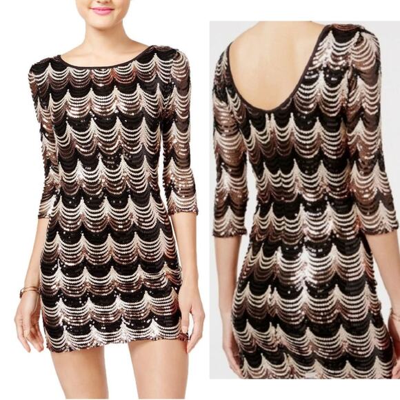 Crystal Doll Sequin Bodycon Mini Dress Small Black Gold Cocktail Party Glam NYE - Picture 1 of 15